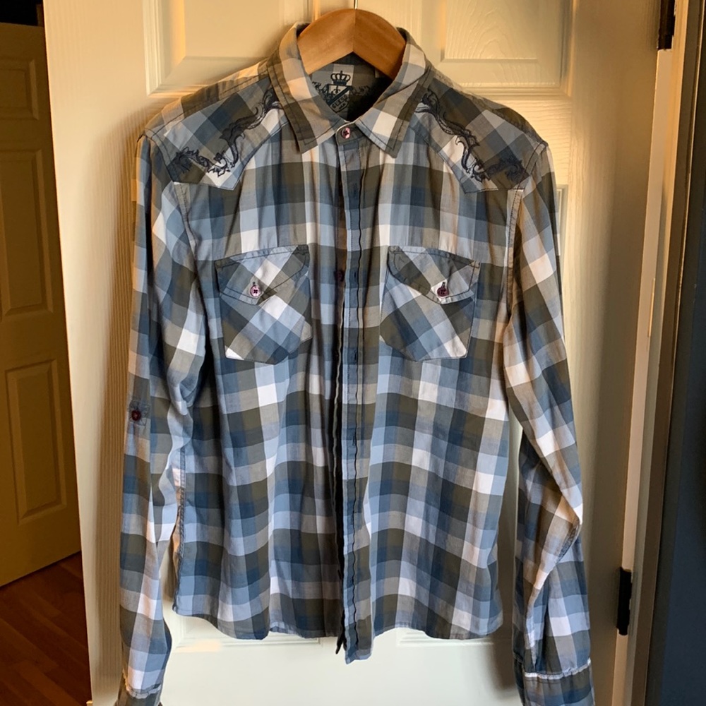Guess brand western style plaid shirt with embroidered yoke and shoulders